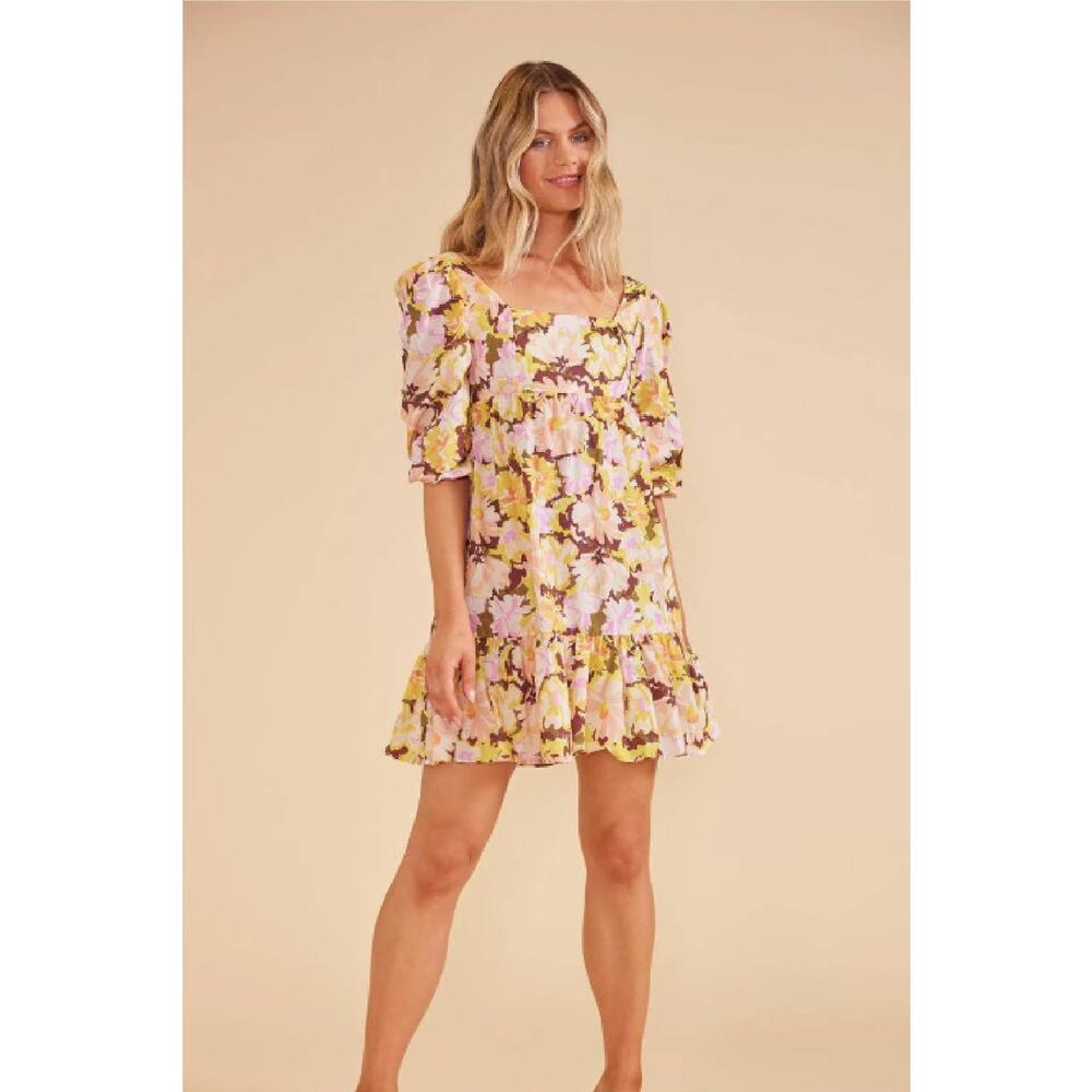 MinkPink Floral Zoey Tie Back Puff Sleeve Square Neck Mini Dress Size M